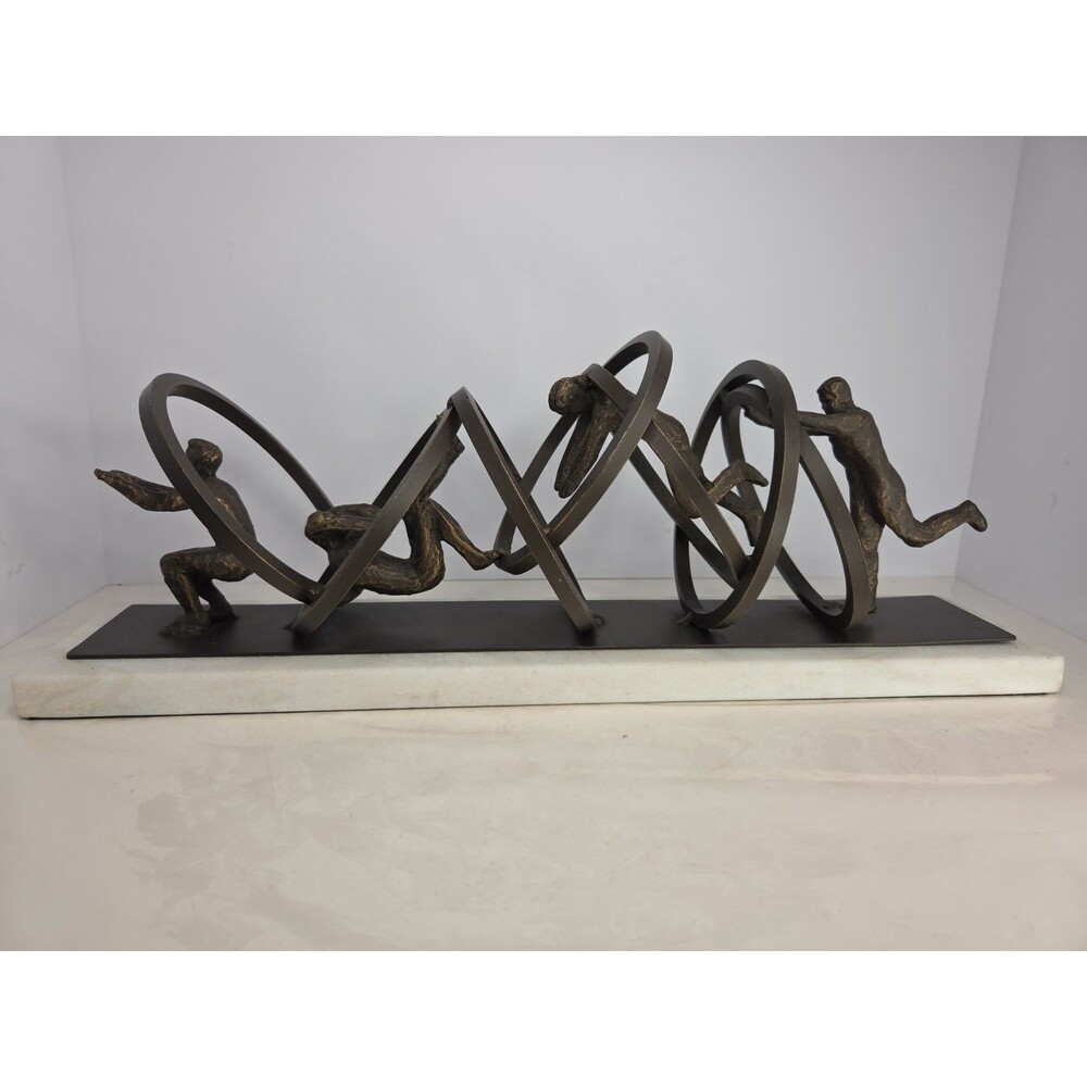 Jumping Through Hoops Patina Iron & Marble Sculpture 6 1/2" H x 19" W x 6" D MCM